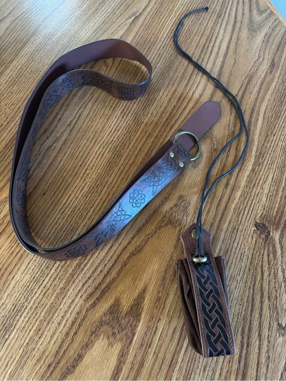medieval-style embossed leather belt and matching small pouch set Renaissance